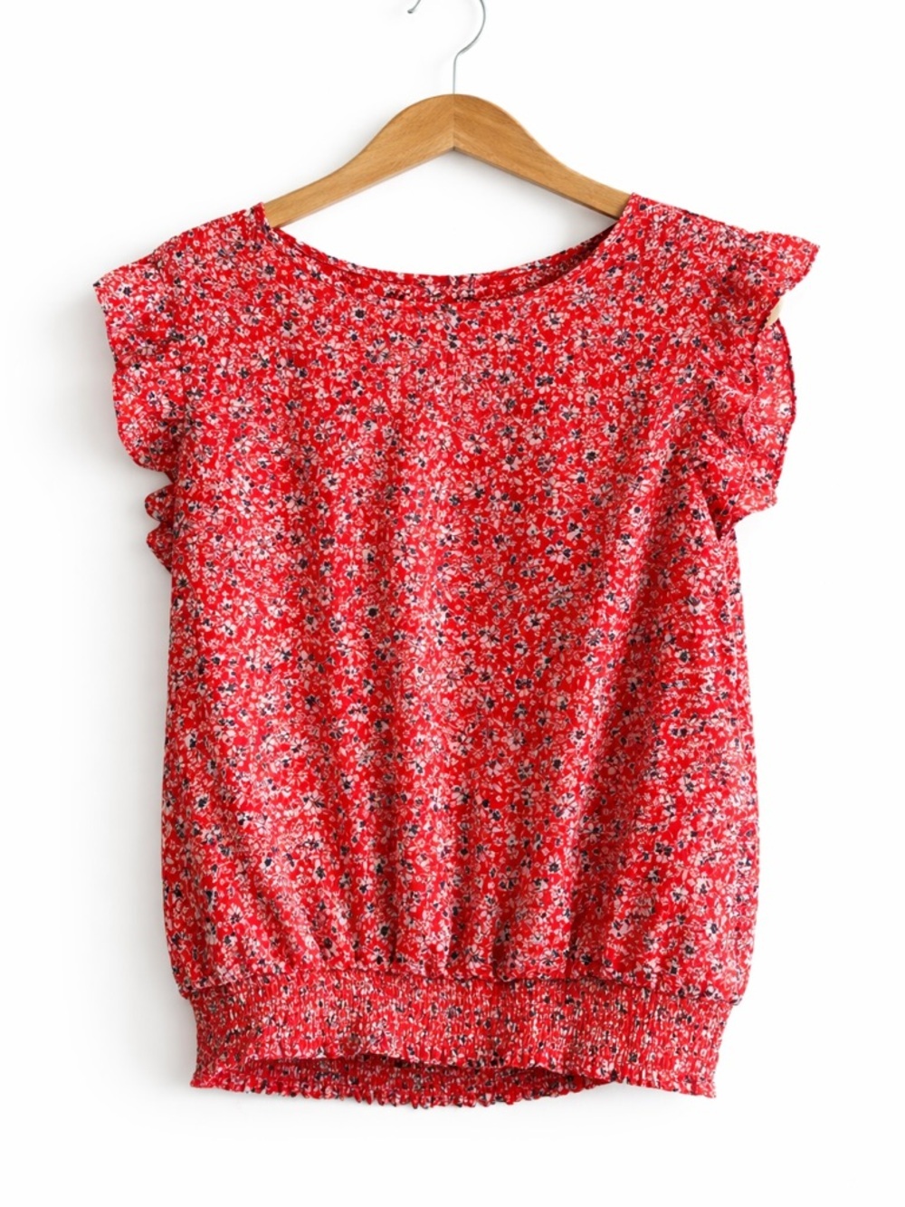Vince Camuto Red Floral Flutter Sleeve Blouse Large.